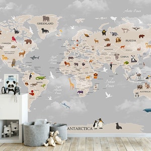 Kids Map Wallpaper Peel and Stick Dekorative Kontinente Weltkarte Wandbild