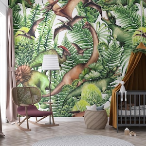 Dinosaur Wallpaper: Green Jurassic Mural, Kids Playroom Decor (Peel & Stick)