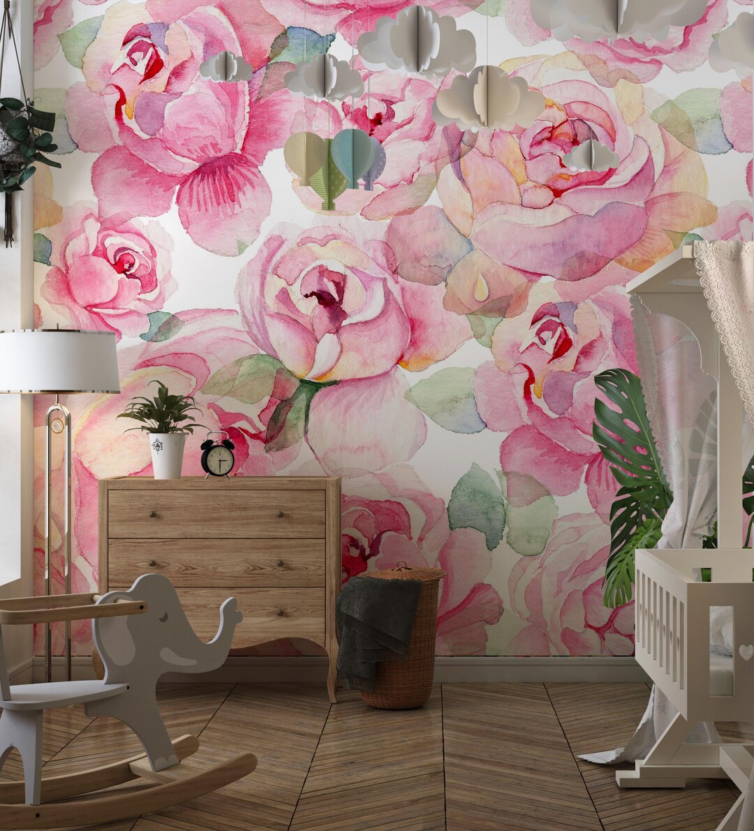 Pink Rose Wallpaper, Watercolor Floral Wall Mural, Peel and Stick ...