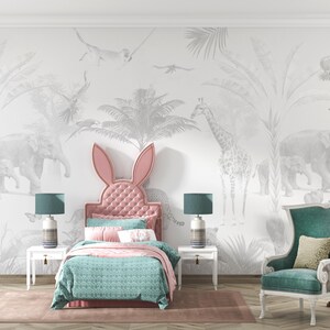 Kids Safari Jungle Animals Wallpaper, Peel and Stick Giraffe Nursery Mural , Kids Jungle Themed, Removable Baby Room Wallpaper #30 image 3