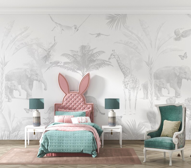 Kids Safari Jungle Animals Wallpaper, Peel and Stick Giraffe Nursery Mural , Kids Jungle Themed, Removable Baby Room Wallpaper #30 image 3