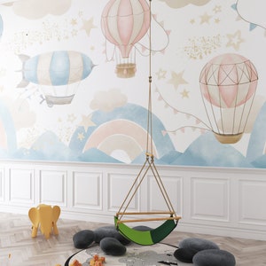 Carta da parati per bambini volanti, mongolfiera, murale per la stanza dei bambini, decorazione murale per la stanza dei giochi dei bambini, cielo blu, carta da parati rimovibile