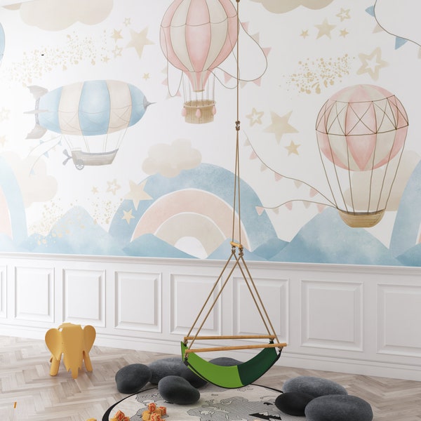 Flying Kids Wallpaper, Hot Air Balloon ,Nursery Room Wall Mural, Kids Playroom Giraffe Wall Decor,Blue Sky,Removable Wallpaper