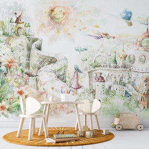 Castle Watercolor Design Kids Wallpaper, Fairy Forest Houses, Self-adhesive Removable Mural, Decal, Nursery Decor