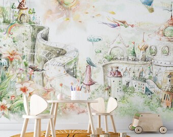 Castle Watercolor Design Kids Wallpaper, Fairy Forest Houses, Self-adhesive Removable Mural, Decal, Nursery Decor
