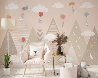 Nursery Mountain Wallpaper Peel and Stick, Kids Soft Mountain Landscape Wall Mural, Soft Colors Trees Landscape Wallpaper 44