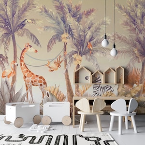 Safari Kids Wallpaper with watercolor Jungle Animal Wallpaper Mural, Self Adhesive, Kids & Nursery Room Decor