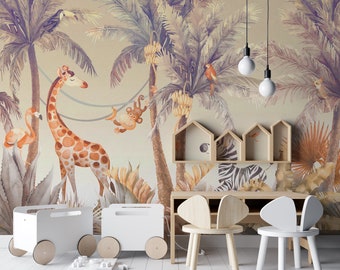 Safari Kids Wallpaper with watercolor Jungle Animal Wallpaper Mural, Self Adhesive, Kids & Nursery Room Decor