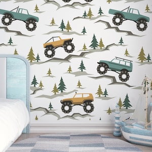Carta da parati artistica Monster Truck, camion per ragazzi, arredamento moderno per camerette per bambini, stacca e incolla i bambini, autoadesivo, design della sala giochi