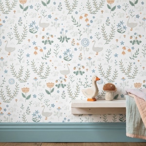 Vintage Goose Toile Floral Wallpaper – Cottagecore Nursery Peel Stick or Un-Pasted Wall Paper
