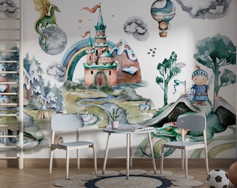 Knight and Dragon Castle Wallpaper: Boy&#39;s Nursery Wall Art