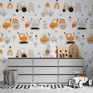 Tapete für Jungen mit Bagger und Traktor, Kinderzimmer Wandbild, Tapete für Jungenzimmer, Tapete für Kinder