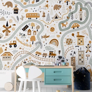 Papel pintado de coches, trenes y carreteras con dibujos animados / Impresión educativa para pared, decoración de pared para bebés, papel pintado infantil, póster para habitación infantil n.° 25