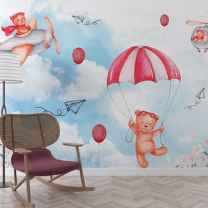 Hot Air Balloon Animal Wallpaper, Kids Wallpaper Peel and Stick, Nursery Wall Decal, Removable Wallpaper Kids, Nursery Wallpaper, Stick Wall