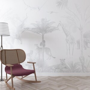 Kids Safari Jungle Animals Wallpaper, Peel and Stick Giraffe Nursery Mural , Kids Jungle Themed, Removable Baby Room Wallpaper #30 image 2