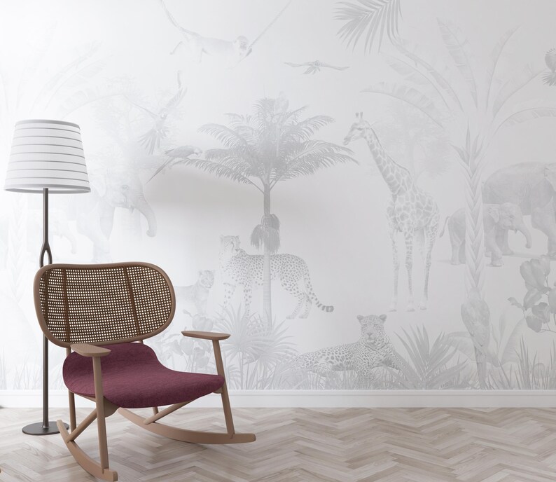 Kids Safari Jungle Animals Wallpaper, Peel and Stick Giraffe Nursery Mural , Kids Jungle Themed, Removable Baby Room Wallpaper #30 image 2