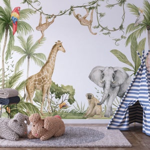 Carta da parati Safari con animali esotici, stacca e attacca, fenicottero, giraffa, giungla, scimmia, tropicale, acquerello, foglie, asilo nido, bambini