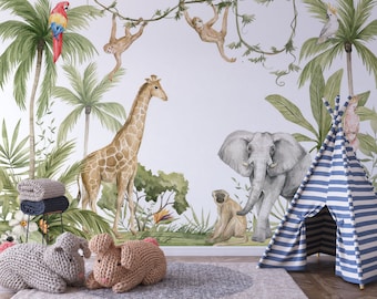 Watercolor Safari Wallpaper: Exotic Animals, Peel and Stick Nursery Decor