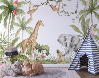 Safaribehang met exotische dieren, Peel and Stick, flamingo, giraffe, jungle, aap, tropisch, aquarel, bladeren, kinderkamer, kinderen