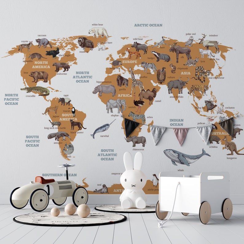 Kids World Map Wallpaper World Map Mural Nursery World Map Etsy