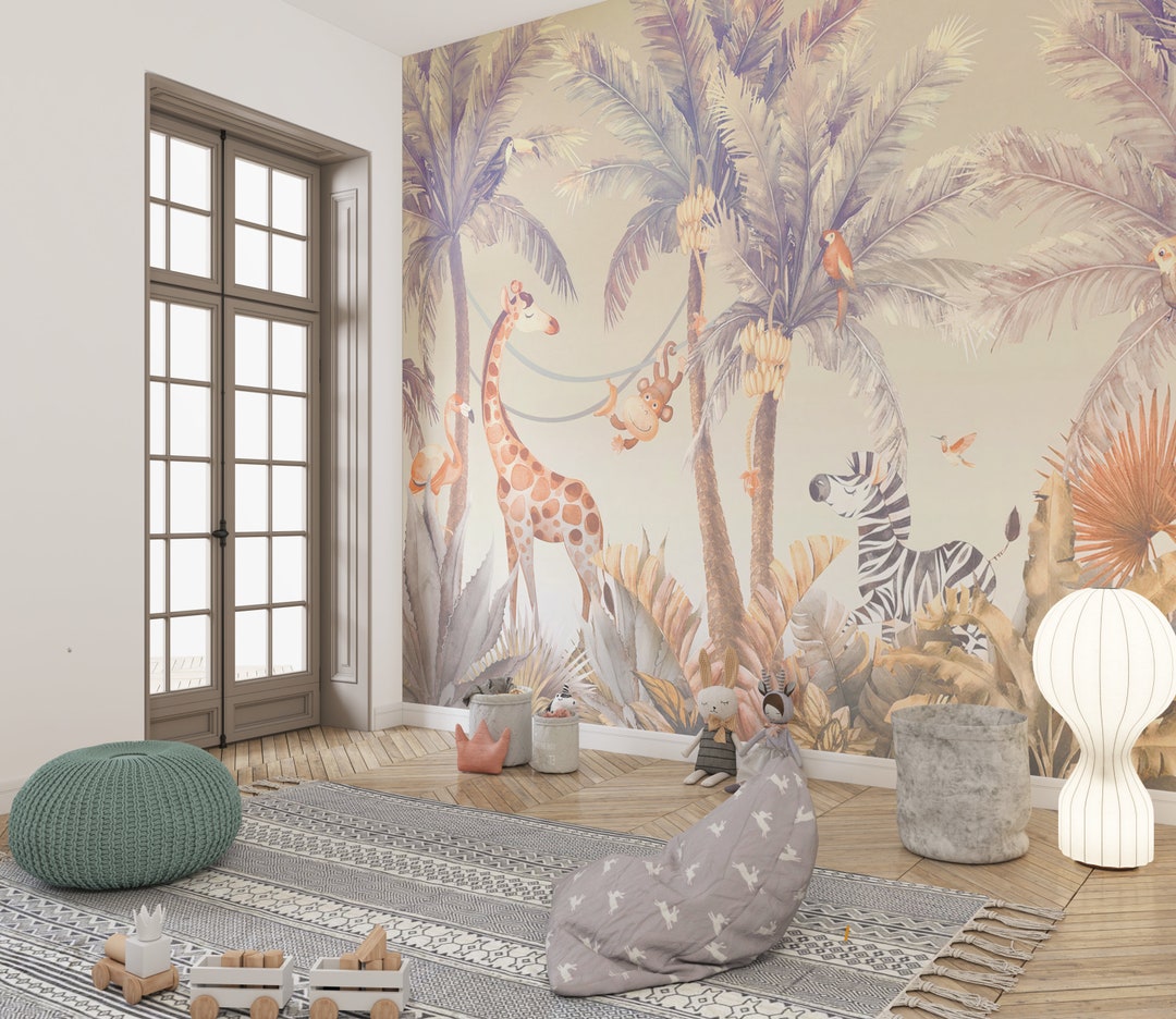 Buy Safari Kids Wallpaper With Watercolor Jungle Animal Wallpaper Mural ...
