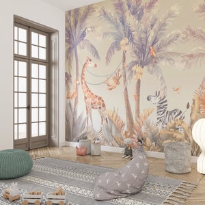 Safari Kids Wallpaper with watercolor Jungle Animal Wallpaper Mural, Self Adhesive, Kids & Nursery Room Decor