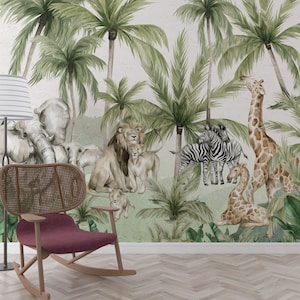 Papel tapiz de animales de safari en acuarela: decoración infantil de la jungla
