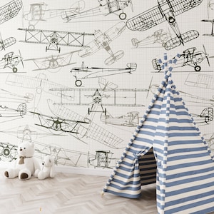 Airplanes Repositionable Wallpaper, Peel & Stick Self Adhesive Fabric Wallpaper for Nursery or Boy&#39;s Room