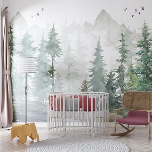 Woodland Watercolor Peel and Stick Wall Mural - Fairy Pine Tree Kids ...