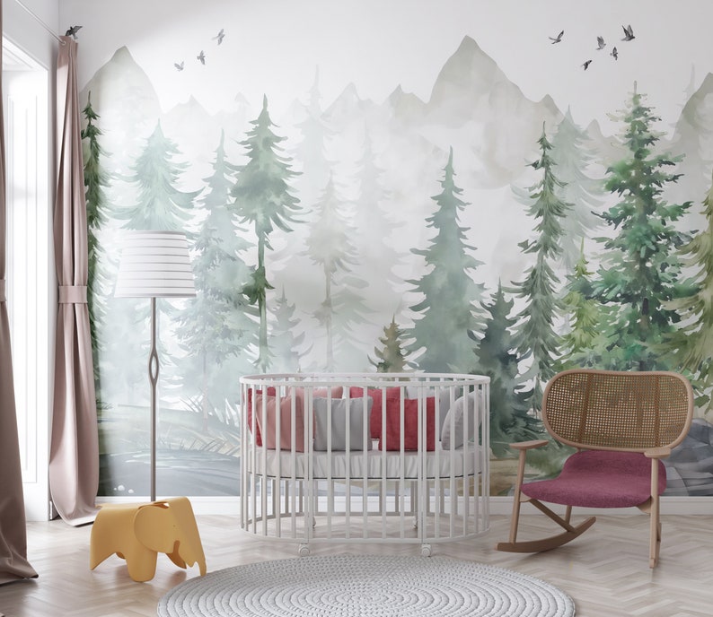 Woodland Watercolor Peel and Stick Wall Mural - Fairy Pine Tree Kids ...