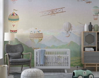 Mountain Kids Wallpaper Hot Air Balloons Wall Mural Peel and Stick Easy Removable Self Adhesive Kids Child Room Wallpaper