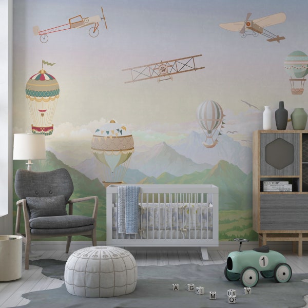 Mountain Kids Wallpaper Hot Air Balloons Wall Mural Peel and Stick Easy Removable Self Adhesive Kids Child Room Wallpaper