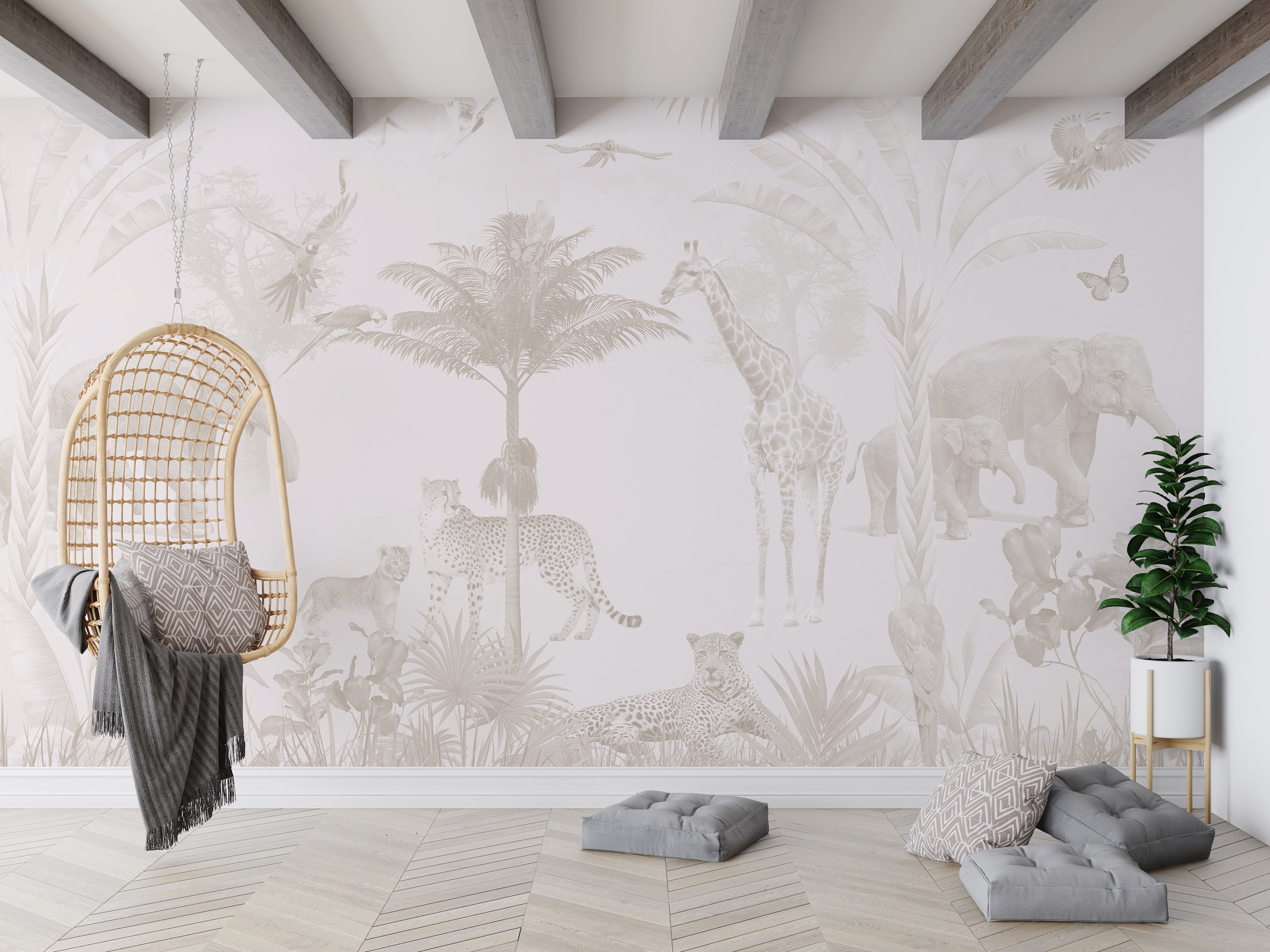 Neutral Safari Animals Wallpaper: Kids Nursery Mural, Peel and Stick
