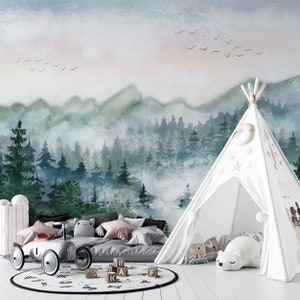 Papier peint boisé chambre d'enfant en bas âge, décoration murale forêt verte pour chambre d'enfant, décoration murale montagne pour enfants, papier peint aquarelle paysage Nature