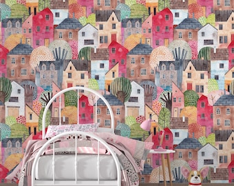 Town Houses Wallpaper Mural: Kids Nursery Peel and Stick Wallpaper