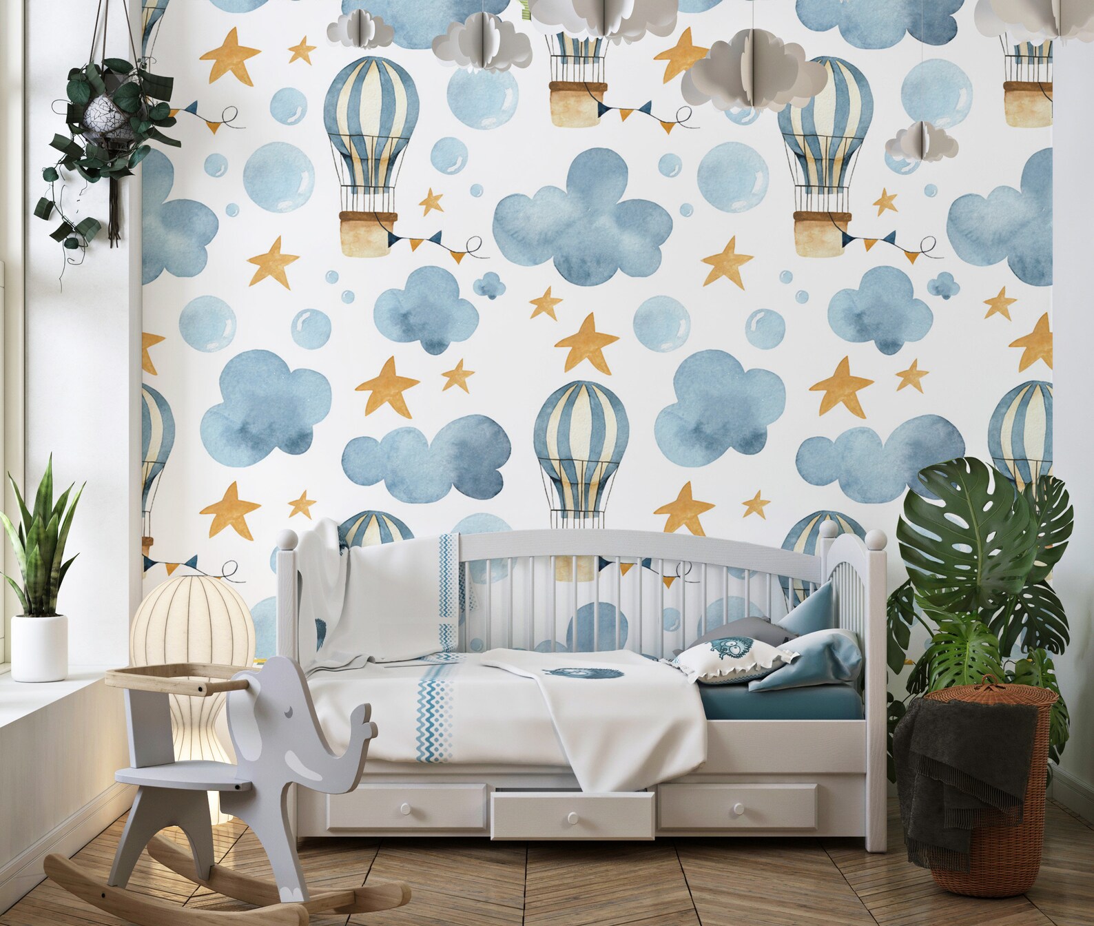 Balloons in the Sky Clouds Stars Wallpaper Kidsroom Nursery Etsy