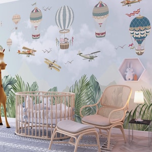 Kids Wallpaper Peel and Stick Self Adhesive Hot Air Balloon and Airplane Wall Mural for Kids Room and Nursery Wallpaper