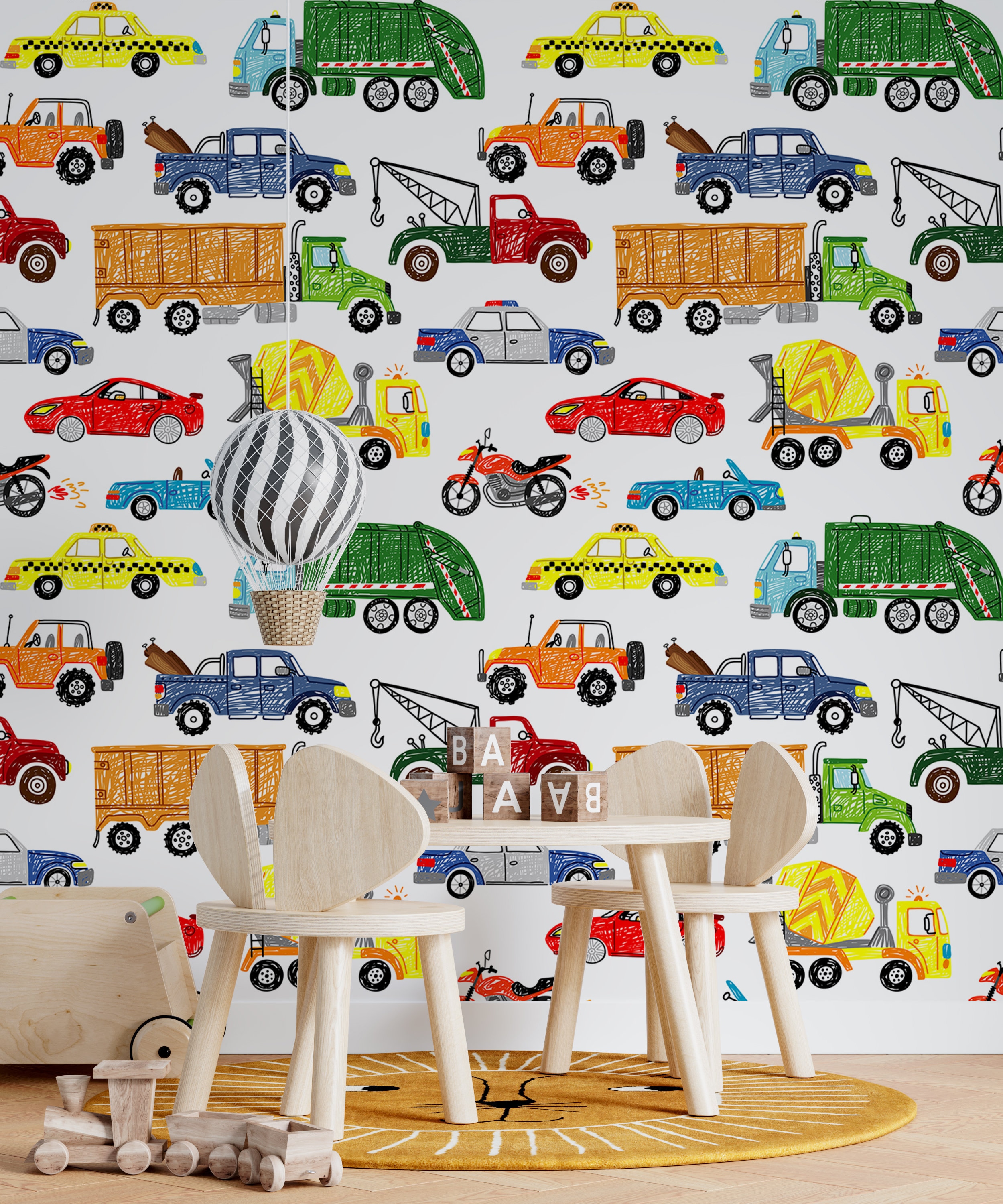 Transport Nursery Wallpaper, Rainbow Color Car and Road Boys Room Wall Mural, Cars Pattern Baby Room Wall Decor #29