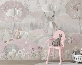 Whimsical Woodland Animals Nursery Wallpaper: Nature Scene Animals, Peel and Stick, Wall Mural