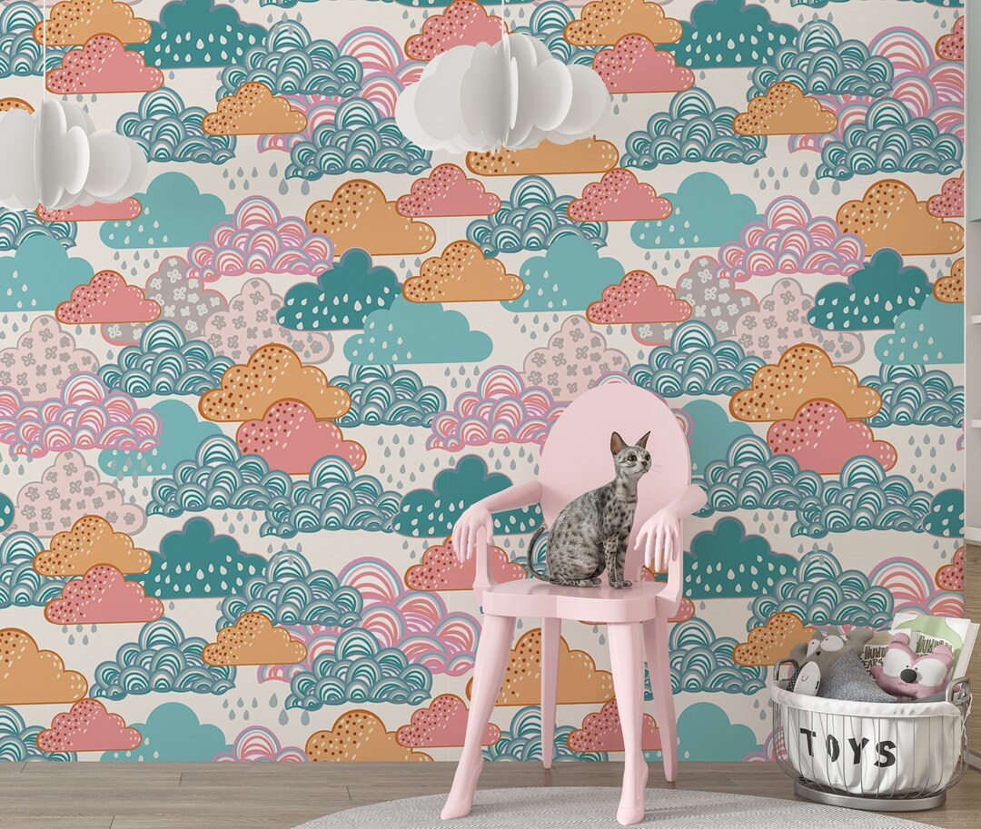 Watercolor Sky Mural Wallpaper for Kids Room, Dreamy Clouds Sky Peel ...