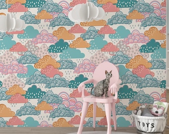 Watercolor Sky Mural Wallpaper for Kids Room, Dreamy Clouds Sky Peel and Stick, Removable Nursery Wall Decor