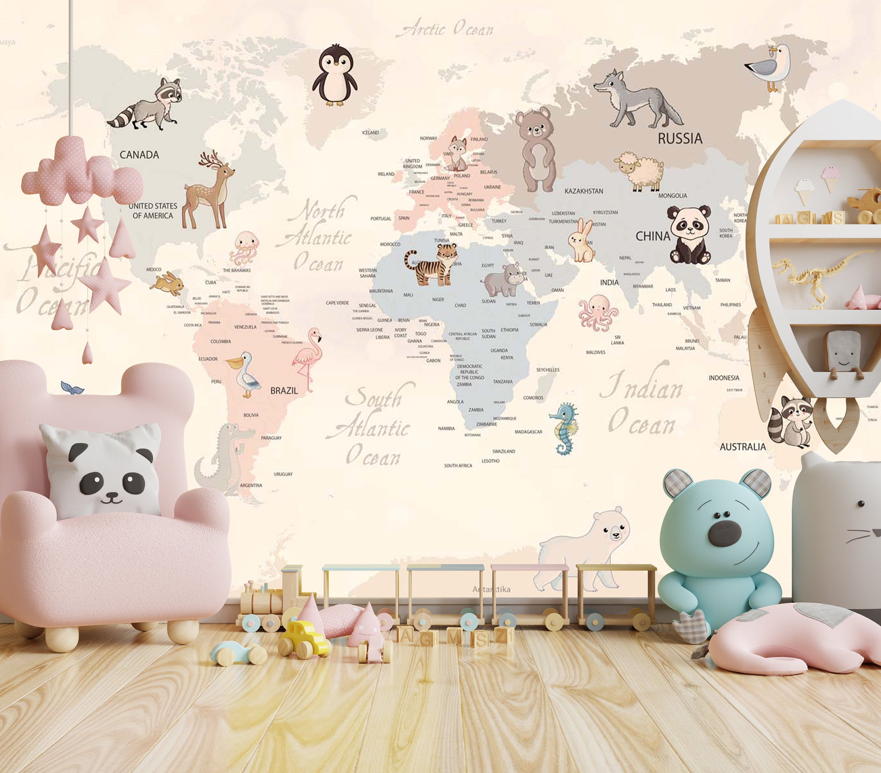Nursery Animal World Map Wallpaper Kids Room Wallpaper - Etsy