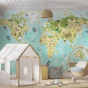 Animal World Map Wallpaper, Kids Wallpaper Peel and Stick, World Map Wallpaper, Removable Wallpaper, Art Wallpaper, Kids Room Wallpaper