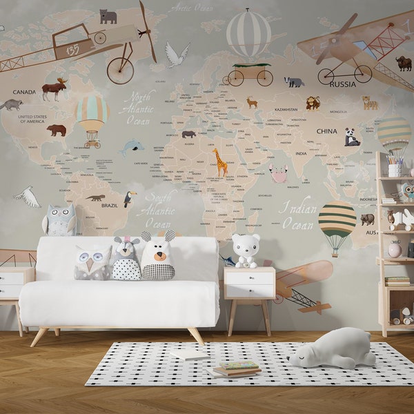 Kids World map wallpaper, world map mural, nursery world map Spanish World Map Italiano World Map Français World Map Weltkarte für