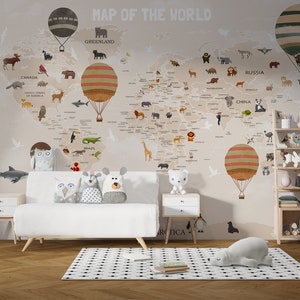Carta da parati per bambini con mappa del mondo, staccabile e adesiva, murale educativo con mappa dei continenti