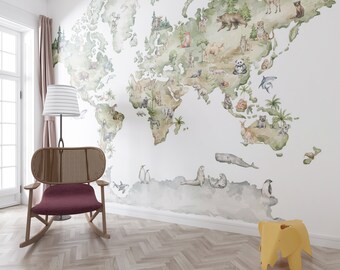 Kids Map wallpaper, Peel and stick Nursery wallpaper, Cartoon world map Playroom wallpaper, Children