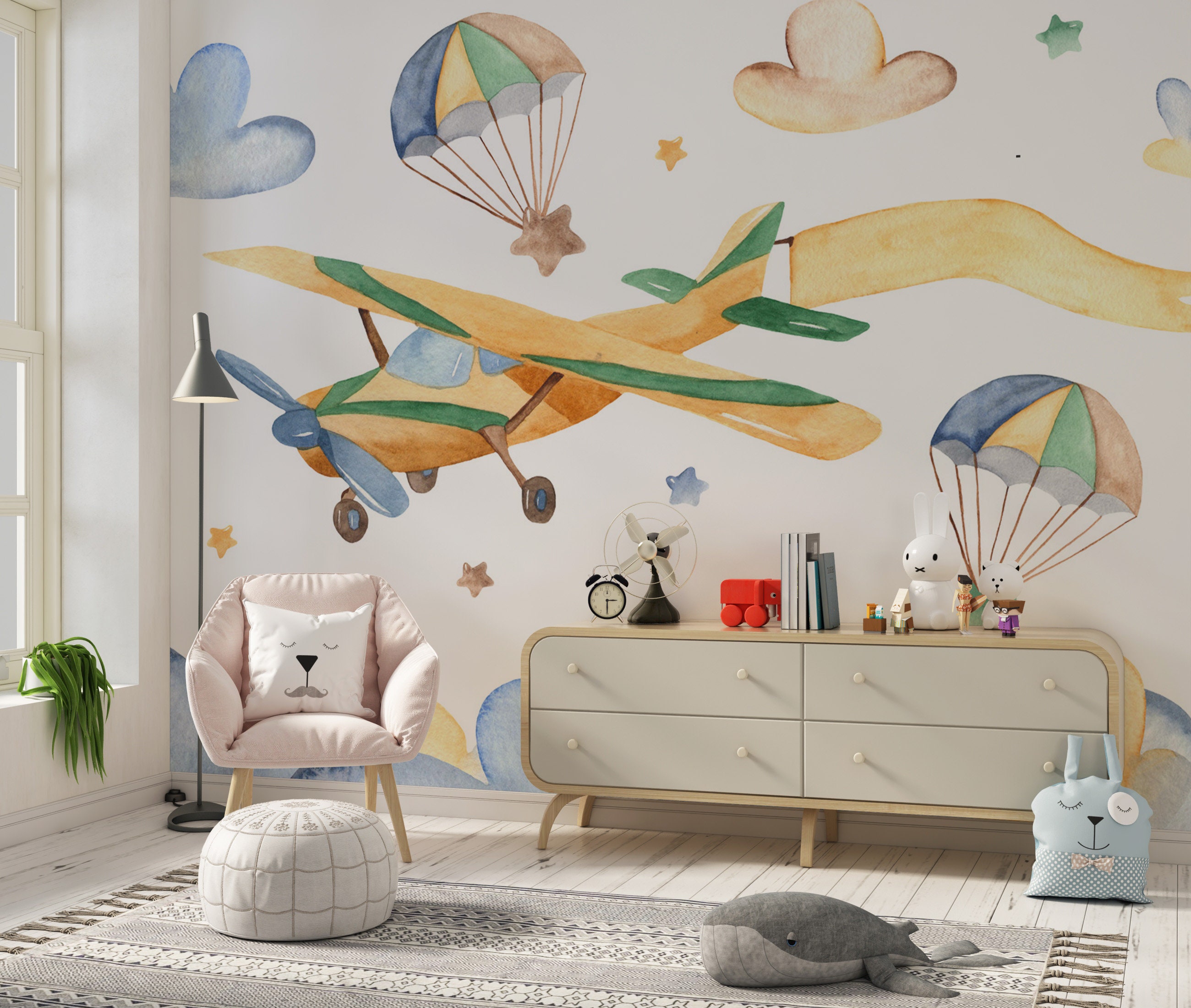 Aircraft and Full Moon Nursery Wallpaper Retro Plane on Sky Etsy