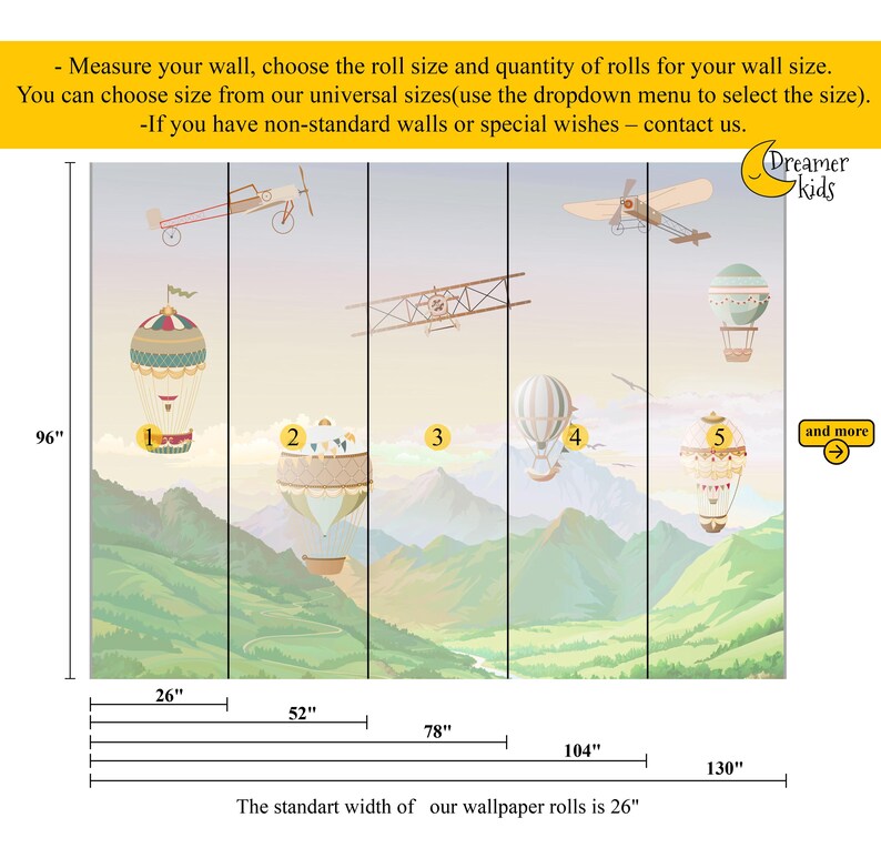 Mountain Kids Wallpaper Hot Air Balloons Wall Mural Peel and Stick Easy ...