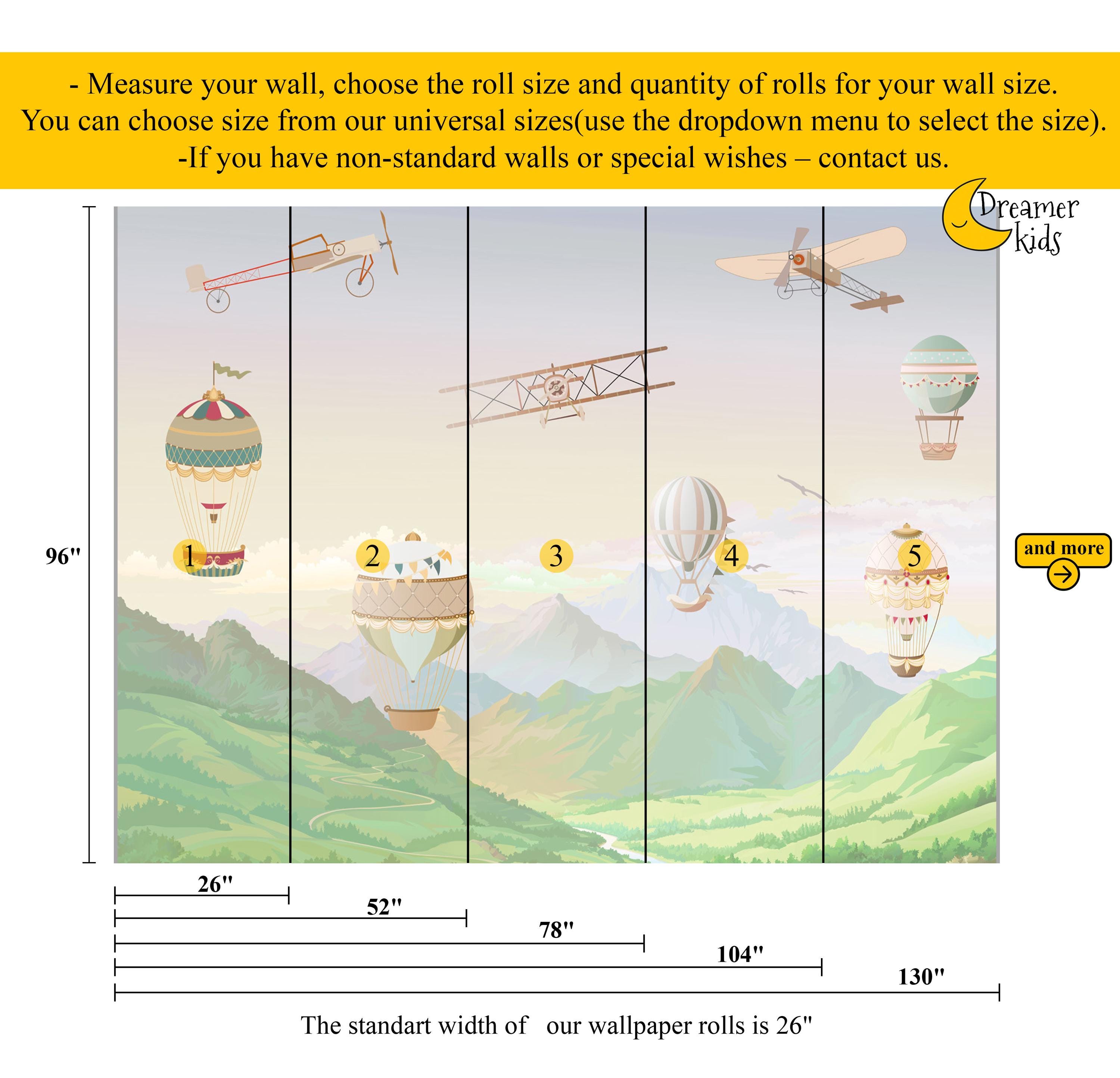 Mountain Kids Wallpaper Hot Air Balloons Wall Mural Peel and Stick Easy ...