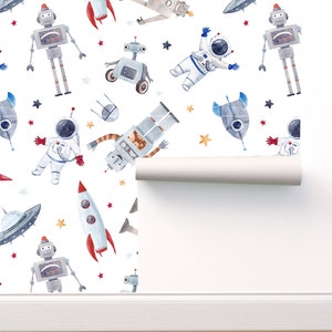 Carta da parati per bambini - Stacca e incolla a tema spaziale, carta da parati spaziale con pianeti e astronauti per la cameretta dei bambini, murale con astronave